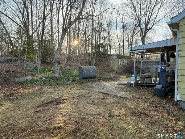 a view of a chairs and table in the backyard