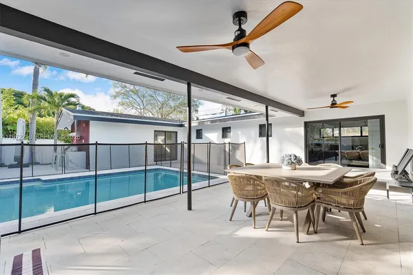 an aerial view of a swimming pool