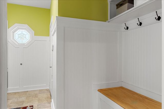 a view of a patio with wooden floor