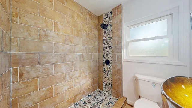 a bathroom with a shower toilet and a window