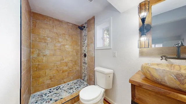 a bathroom with a sink a toilet and shower