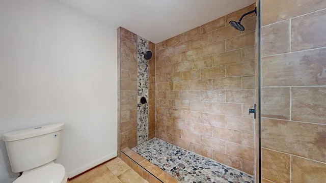 a bathroom with a shower and a toilet