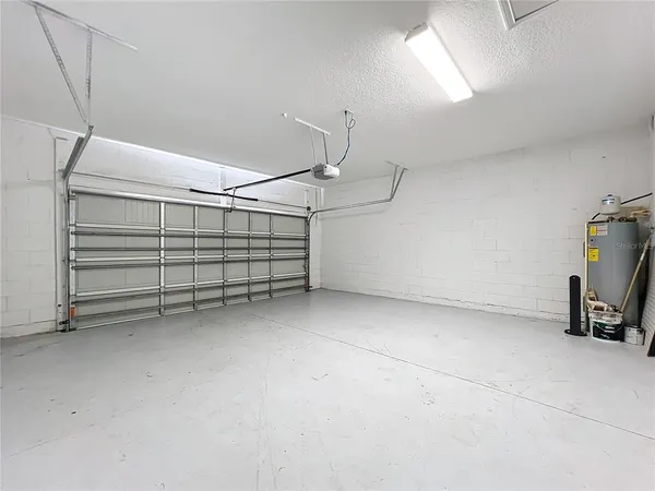 a view of a garage with storage
