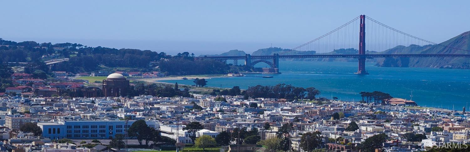 a view of a town with large trees and buildings in the background