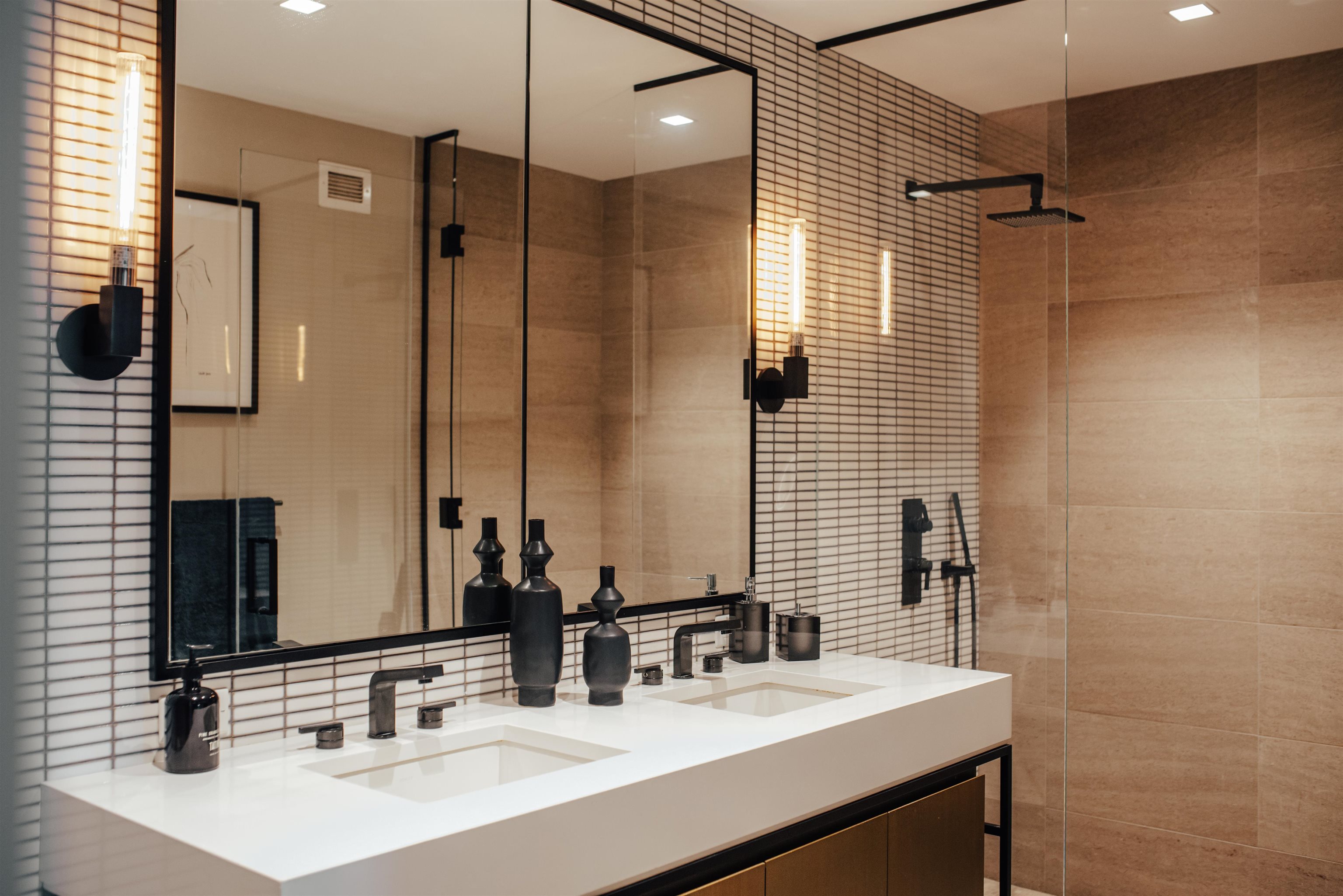 2 Shore Lane, Unit 404 Jersey City, NJ 07310 - Photo 16 of 34 a bathroom with a sink double vanity and a mirror