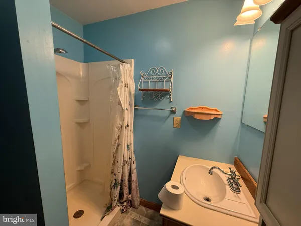 a bathroom with a sink a toilet a mirror and shower