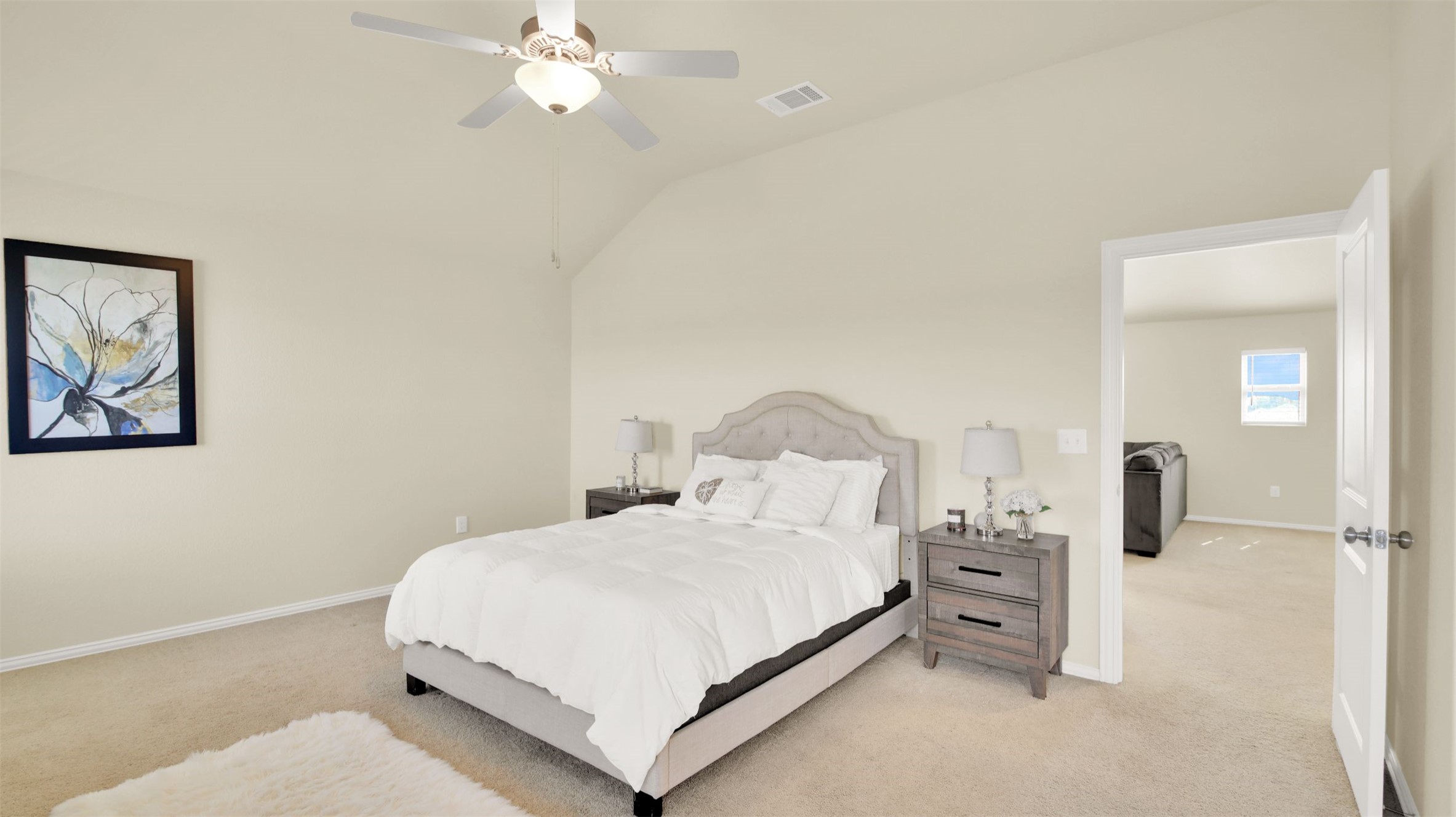 13716 Sugar Bush Path Manor, TX 78653 - Photo 33 of 37 Bedroom featuring light colored carpet, ceiling fan, and vaulted ceiling