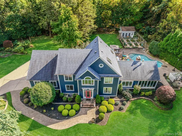 a aerial view of a table and chairs in patio