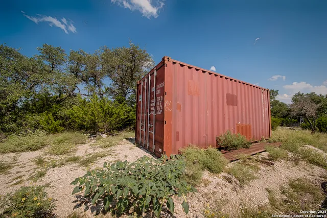 a view of a backyard with potted plants and large tree