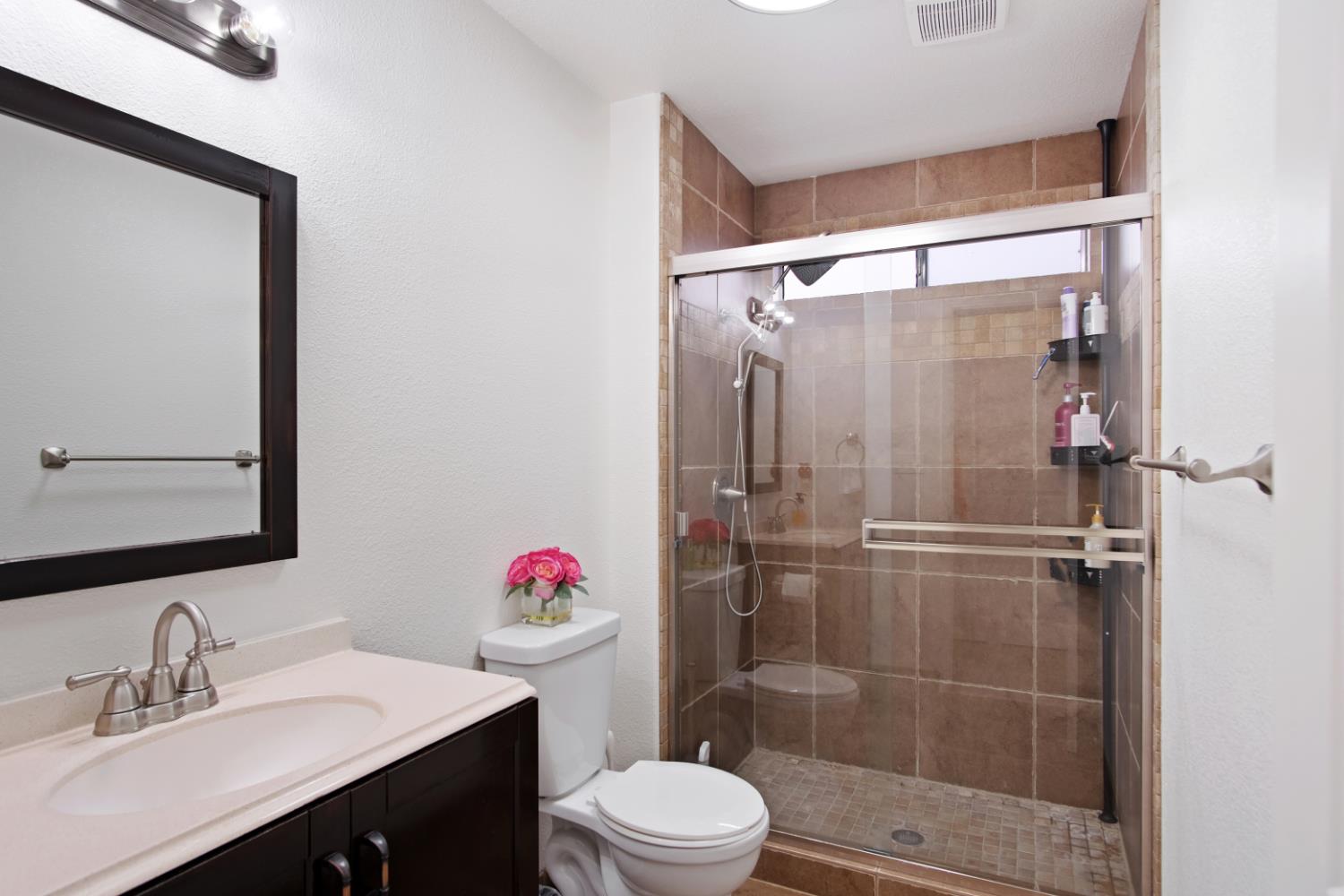 1921 Carleton Drive Turlock, CA 95382 - Photo 15 of 26 a bathroom with a shower sink vanity mirror and toilet