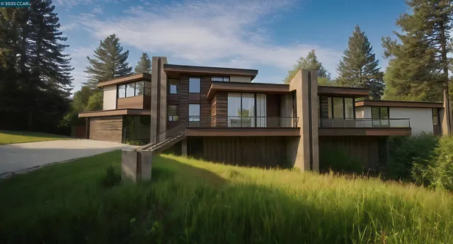 a view of a house with a yard from a lake view