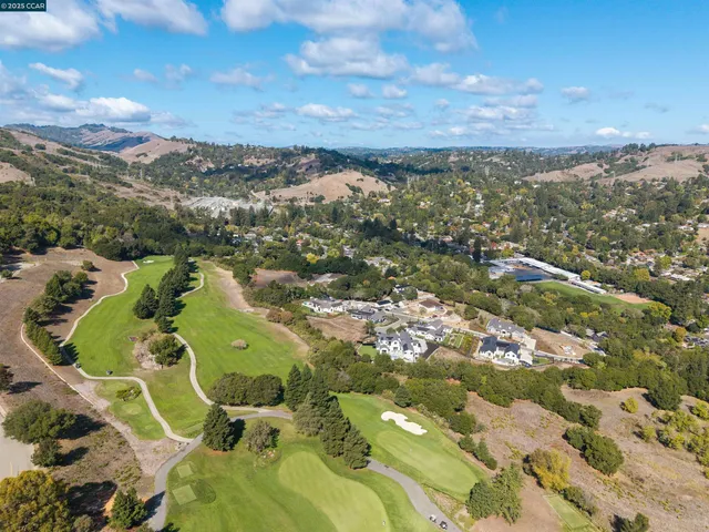 a aerial view of residential houses with outdoor space and trees