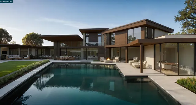 a front view of a house with swimming pool having outdoor seating