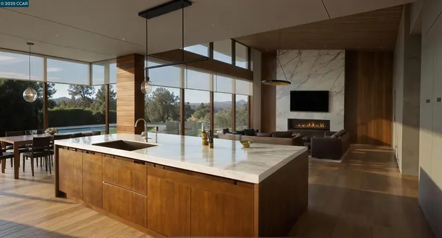 a kitchen with sink cabinets and chandelier