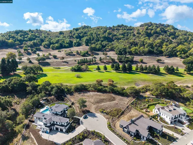 an aerial view of a houses with a garden