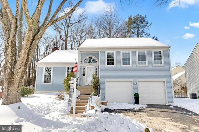 a view of a white house with a large tree