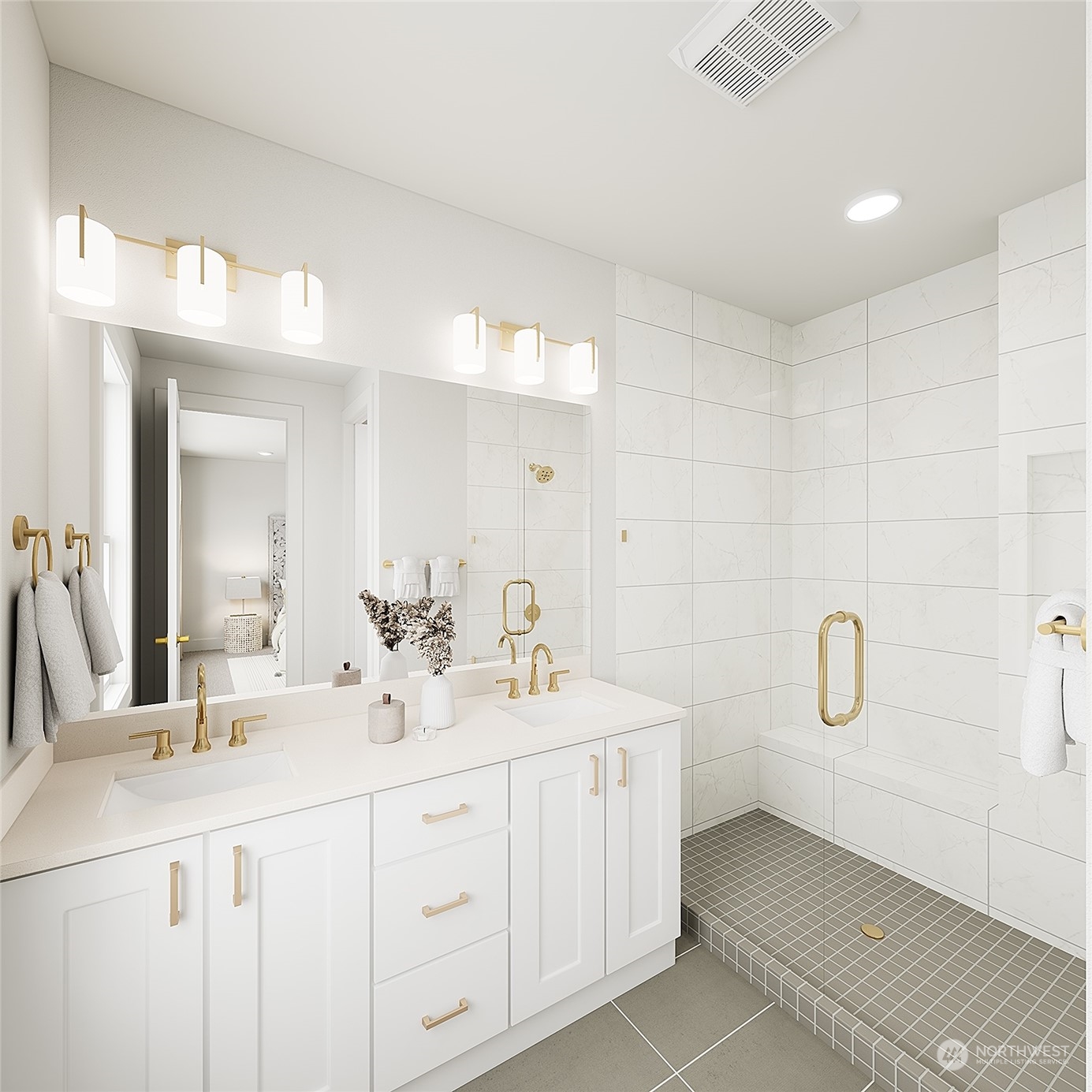 9919 Northeast 189th Street, Unit D Bothell, WA 98011 - Photo 19 of 23 a bathroom with a double vanity sink a toilet and a mirror