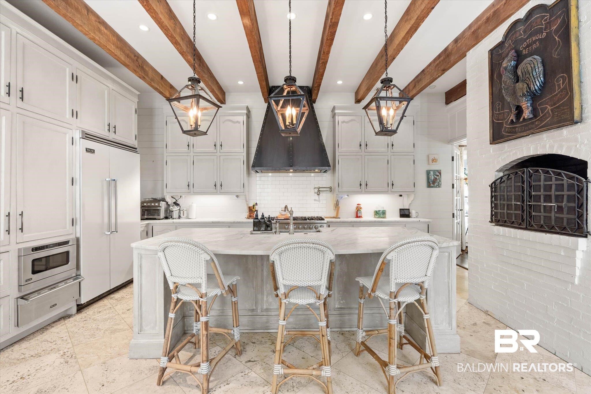 2256 De Leon Avenue Mobile, AL 36607 - Photo 15 of 61 Kitchen with white cabinetry, built in refrigerator, a warming drawer, light stone countertops, and beam ceiling