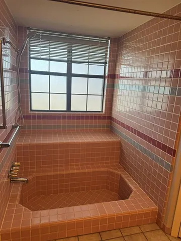 a bathroom with a bathtub and window