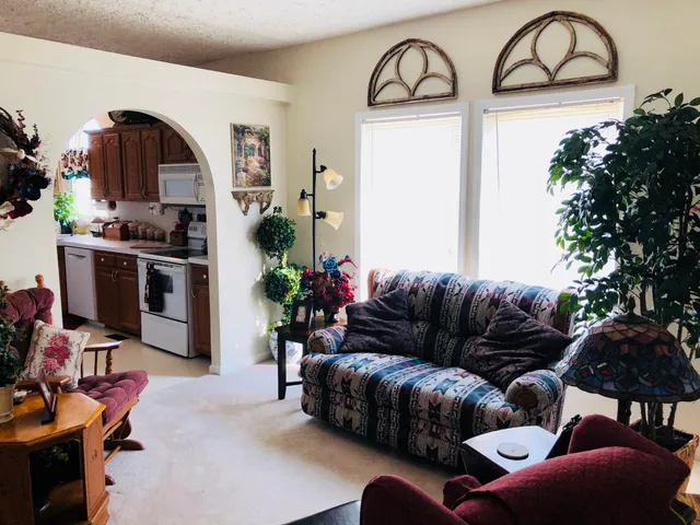 a living room with furniture a fireplace and potted plants