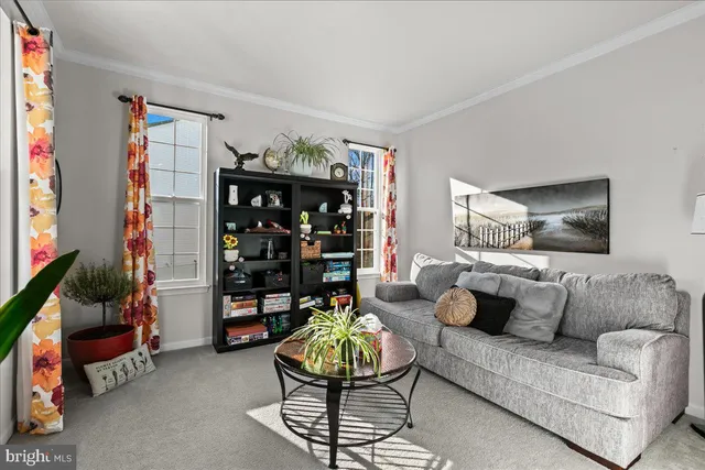 a living room with furniture and a book shelf