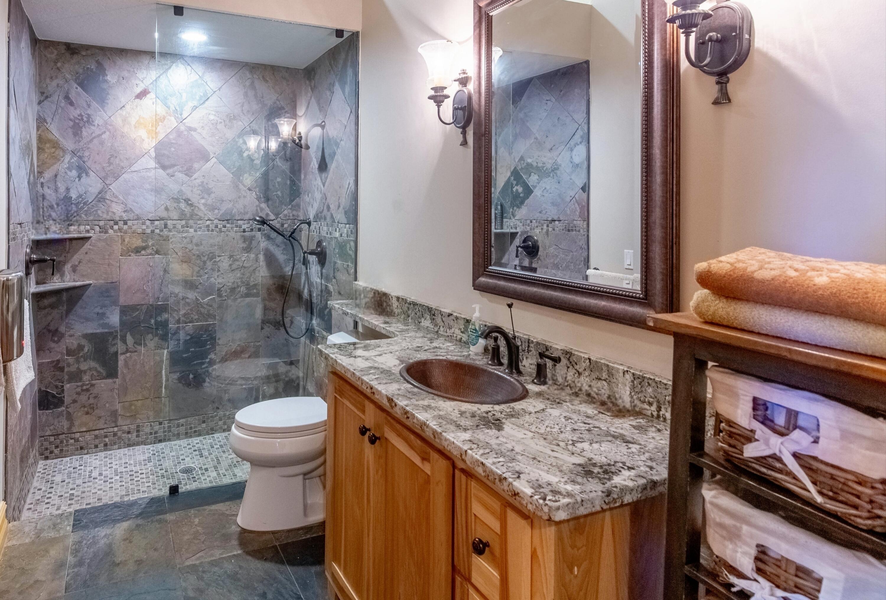 14943 Paddock Drive, Unit STALLS AND ) Wellington, FL 33414 - Photo 20 of 41 a bathroom with a granite countertop sink a toilet and shower