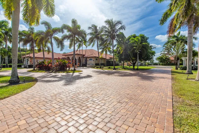 a view of a house with a yard and palm trees