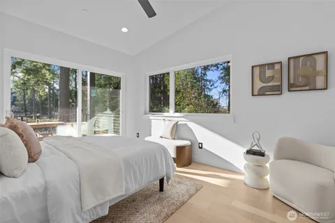 a bedroom with a bed and large window