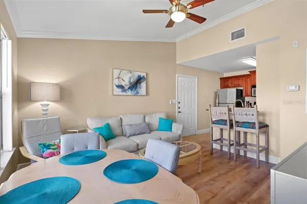 a living room with furniture and a table