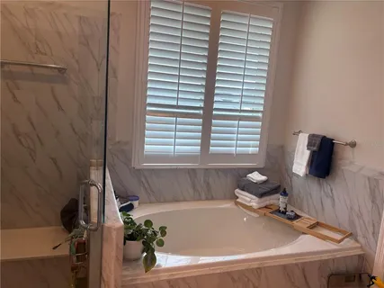 a bathroom with a tub and a window