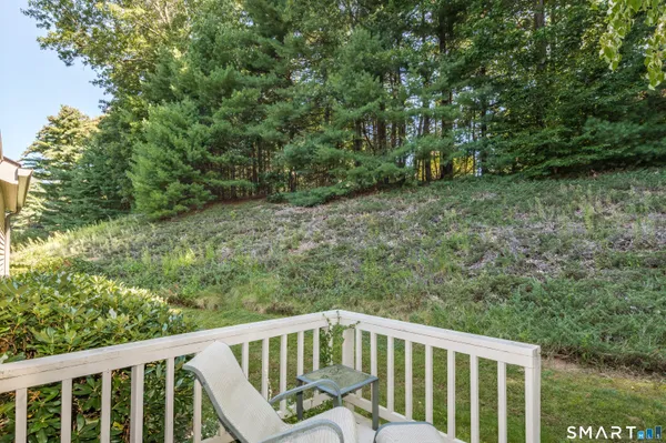 a view of a chair and trees in the background