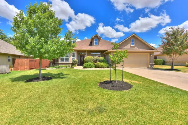 a front view of a house with a yard and large tree