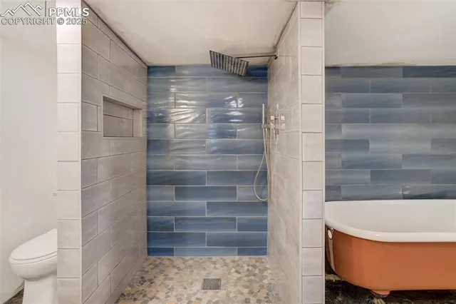 a bathroom with a bathtub and shower