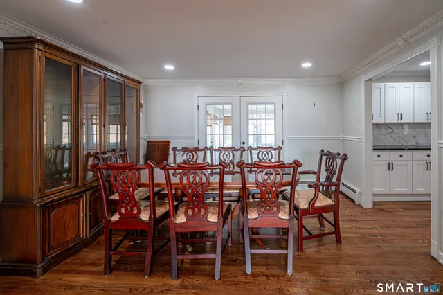 a view of a dining room with furniture