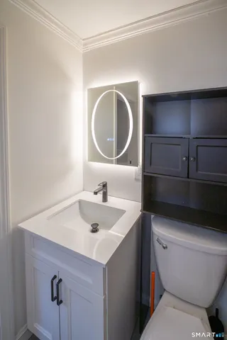 a bathroom with a sink a toilet and a mirror