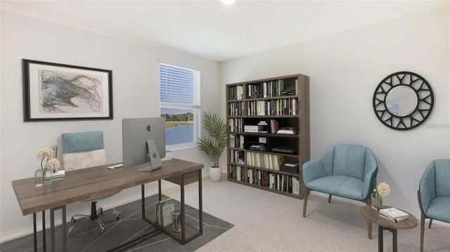 a workspace with furniture and window