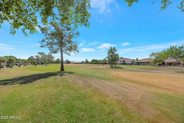 a view of a park with swings and slides
