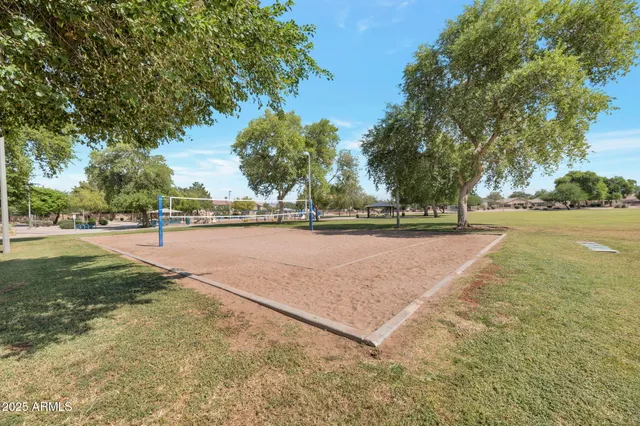 a view of a tennis ground with large trees
