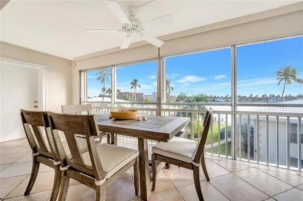 a view of a dining room with furniture window and outside view