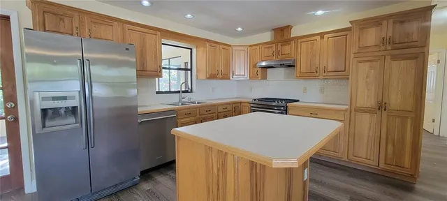 a kitchen with a refrigerator a sink and cabinets