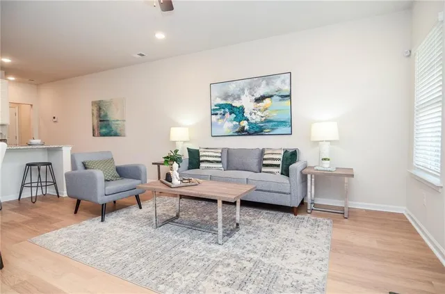 a view of a dining room with furniture