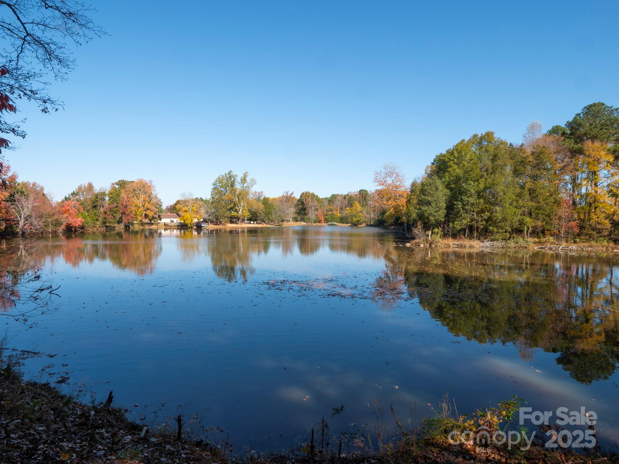 a view of a lake with houses in the background