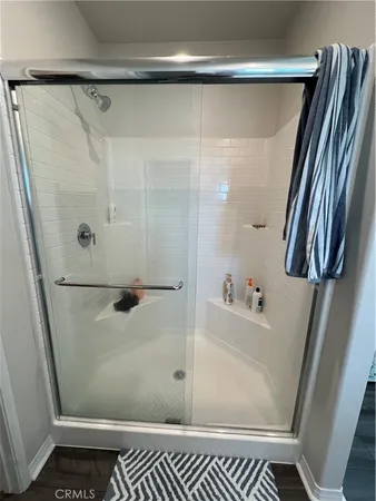 a bathroom with a shower and a toilet