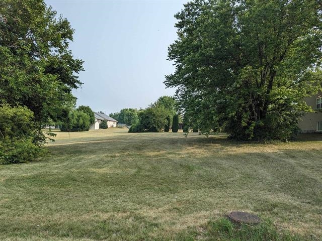 a view of a field with trees in background
