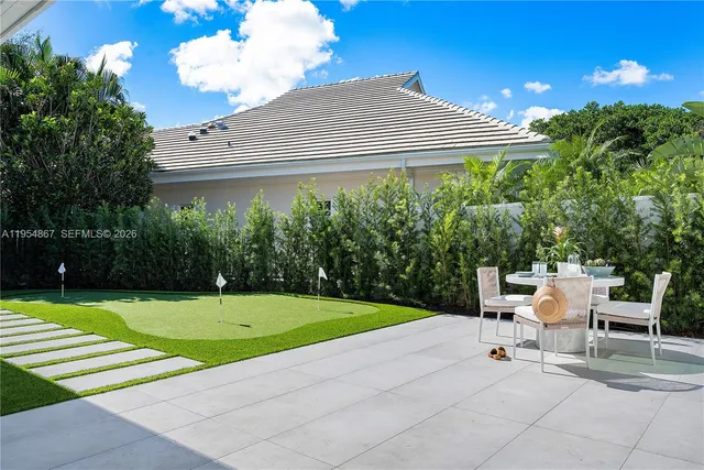 a backyard of a house with yard and outdoor seating