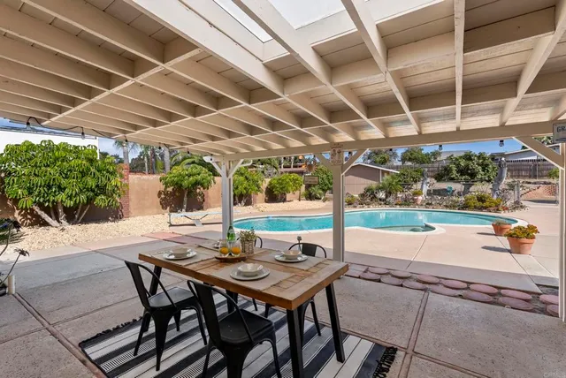 a view of a backyard with sitting area