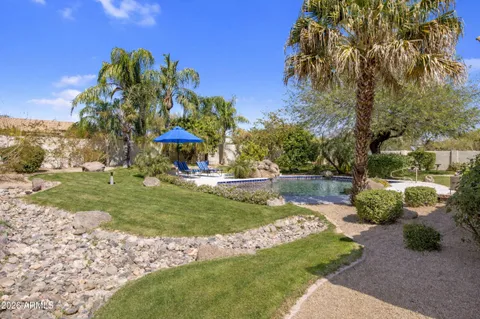 a view of a garden with a bench