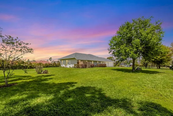 a view of a big yard with a house in the background
