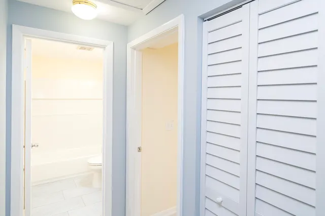 a view of a house with a white door