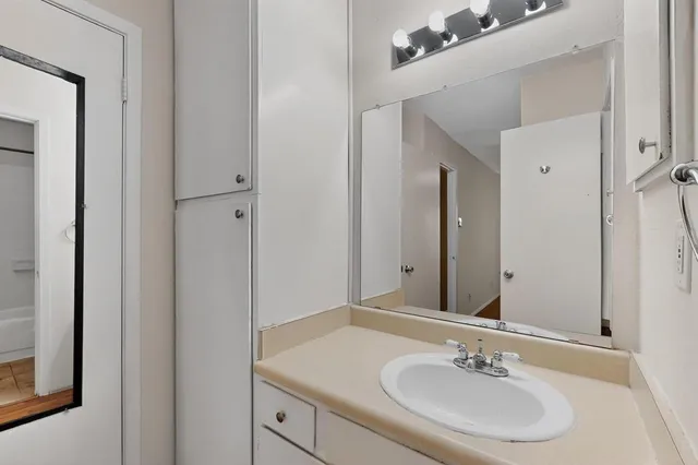 a bathroom with a sink and a mirror
